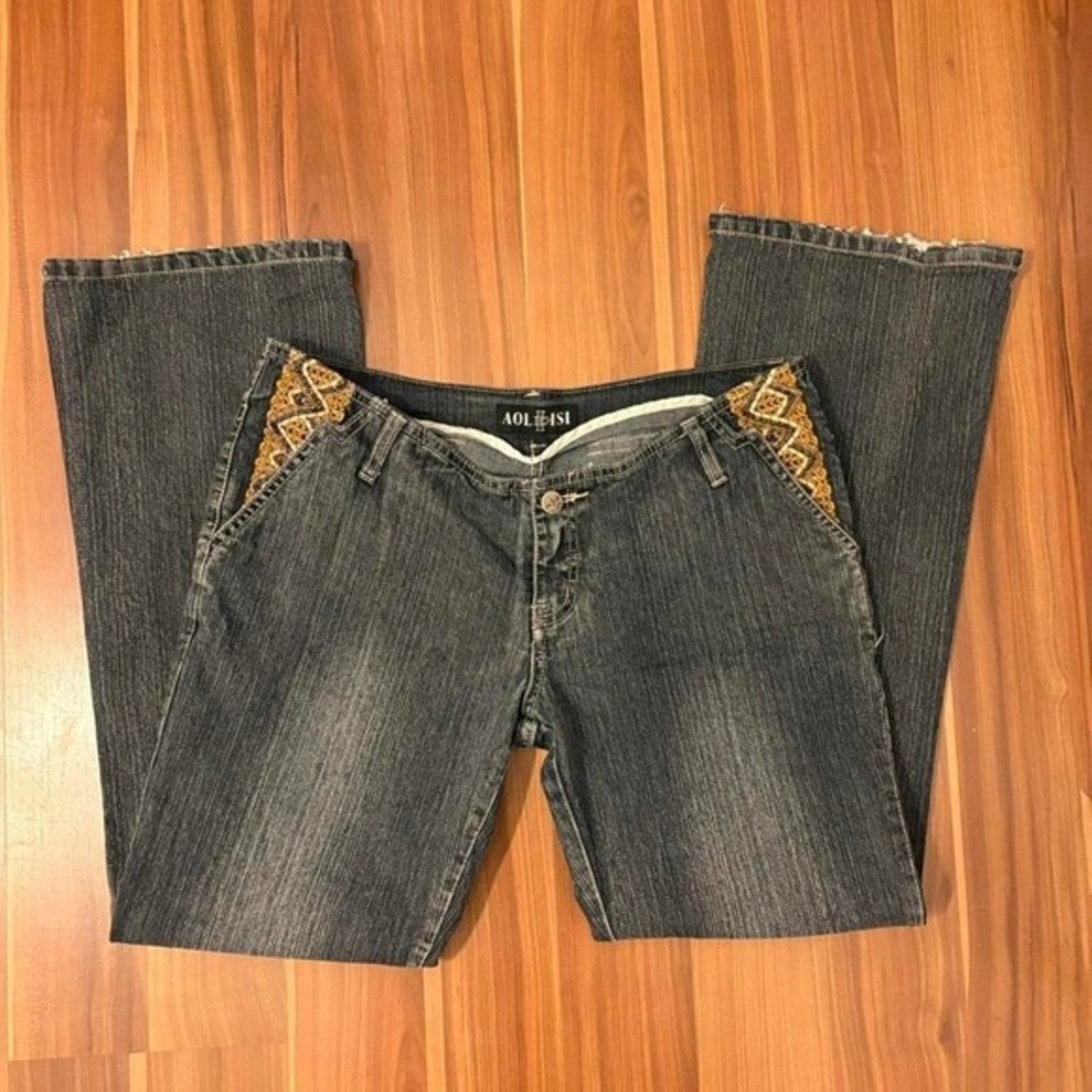 y2k ultra low rise flare jeans‎ dark greye denim woven pocket details 31" Waist